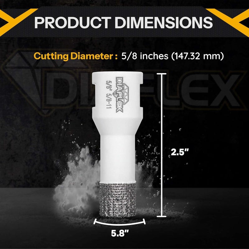 DIAFLEX Premium Brazed Core Bit – 5/8" Diamond Hole Saw for Porcelain, Ceramic, Stone, Dekton – 5/8"-11 Thread – Fast Clean Cuts – Vacuum Brazed – Wet or Dry Use - Image 3